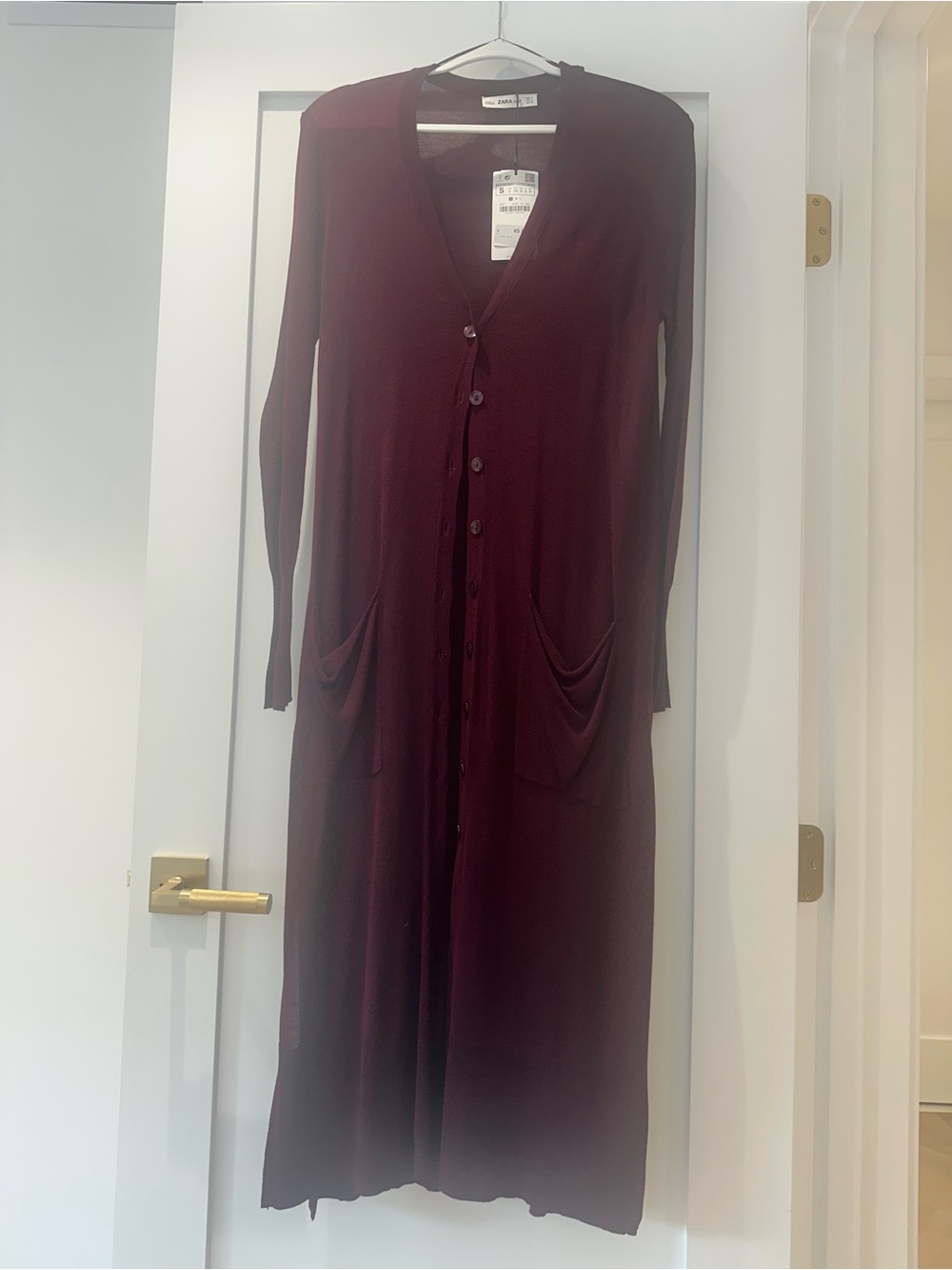 Zara Long purple maroon button Front Women's Cardigan with pocket nwt small